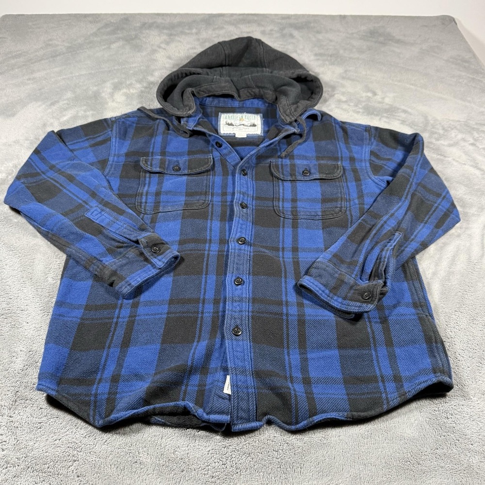 American Eagle Outfitters Flannel Shirt Mens Size M Blue Plaid Hooded Button Up - Picture 5 of 15
